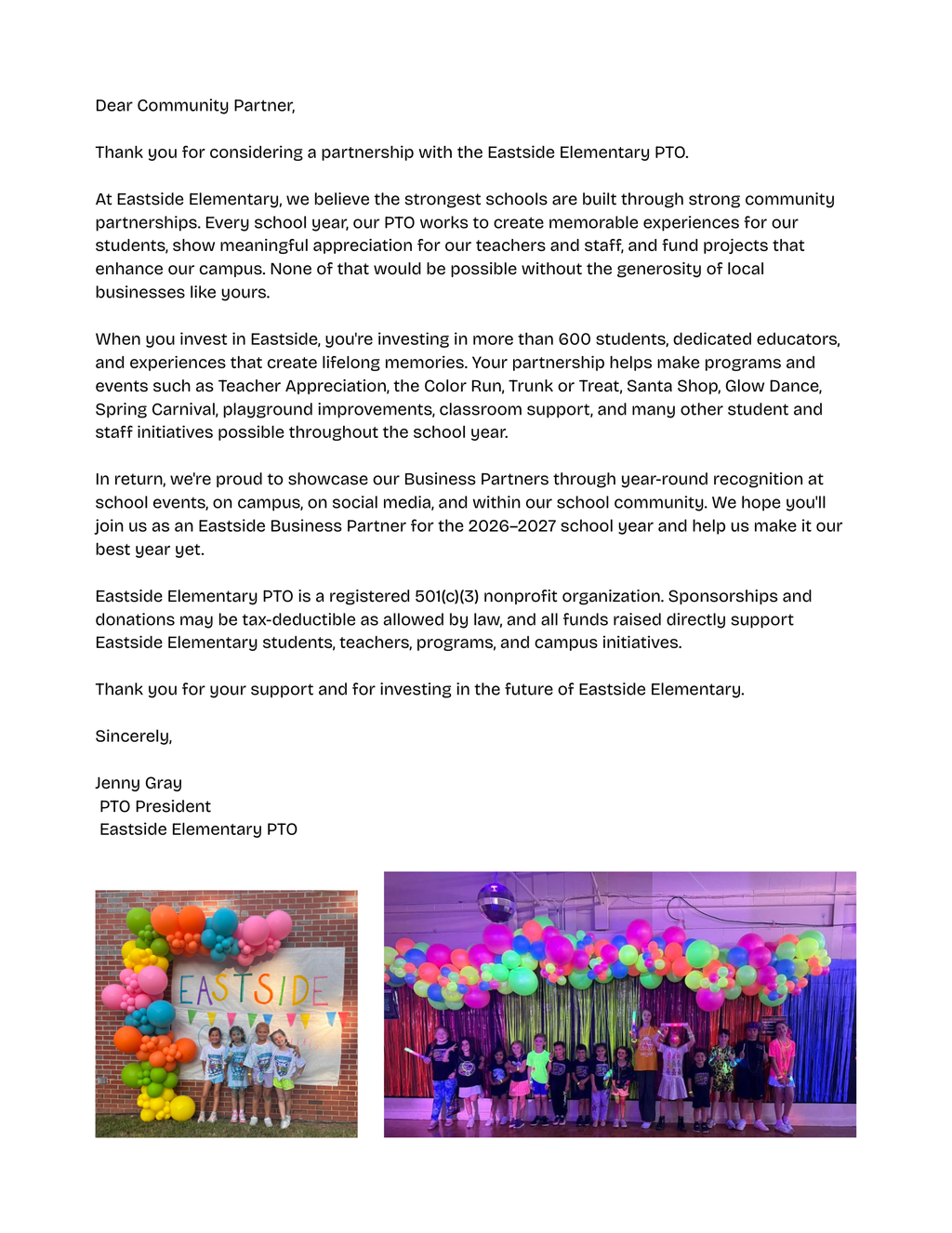 Eastside PTO Business Partnership 2026–27