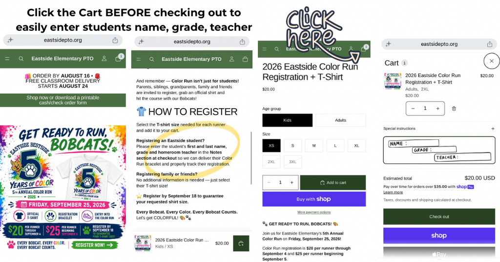 A side-by-side comparison of the Eastside Elementary PTO website registration page and its shopping cart interface, showing how customers can check out and view cart details.