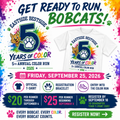Promotional flyer for the 5th Annual Color Run 2026 by Eastside Bestside, featuring a white t-shirt graphic with a colorful '5 Years of Color' bobcat paw design. The flyer includes event details for Friday, September 25, 2026, pricing, registration info, and colorful paint-splatter borders.