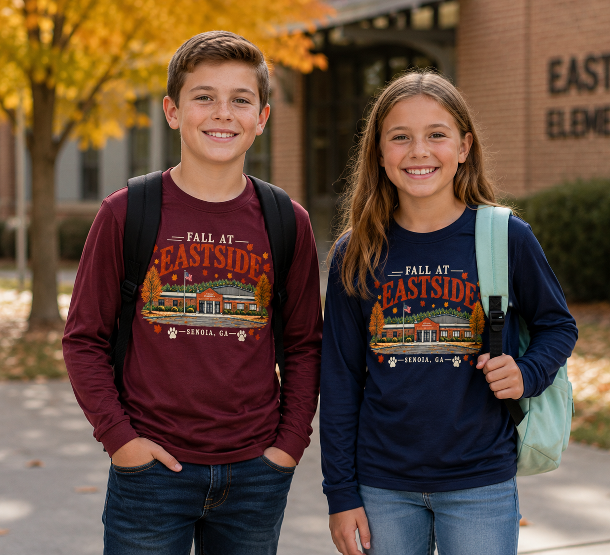 Two smiling students standing outdoors in front of Eastside Elementary, wearing matching long-sleeve graphic shirts. The boy wears a burgundy shirt and the girl wears a navy shirt, both with school-themed prints and backpacks.