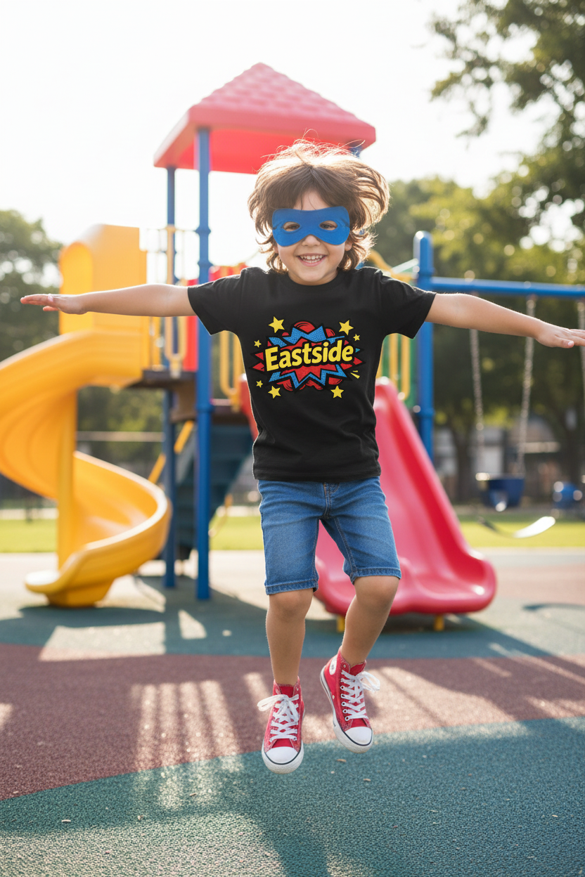 A child wearing a black graphic t-shirt with 'Eastside' in colorful letters, blue denim shorts, and red sneakers jumps on a playground with arms outstretched. The child is wearing a blue superhero mask.