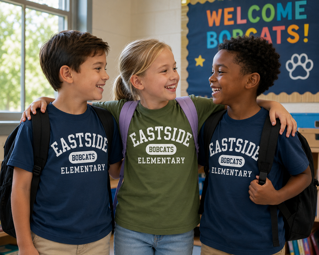 Three children standing together in a classroom wearing matching custom t-shirts with 'EASTSIDE BOBCATS ELEMENTARY' printed on them. The child on the left wears a navy blue shirt, the center child wears an olive green shirt, and the child on the right wears a navy blue shirt.