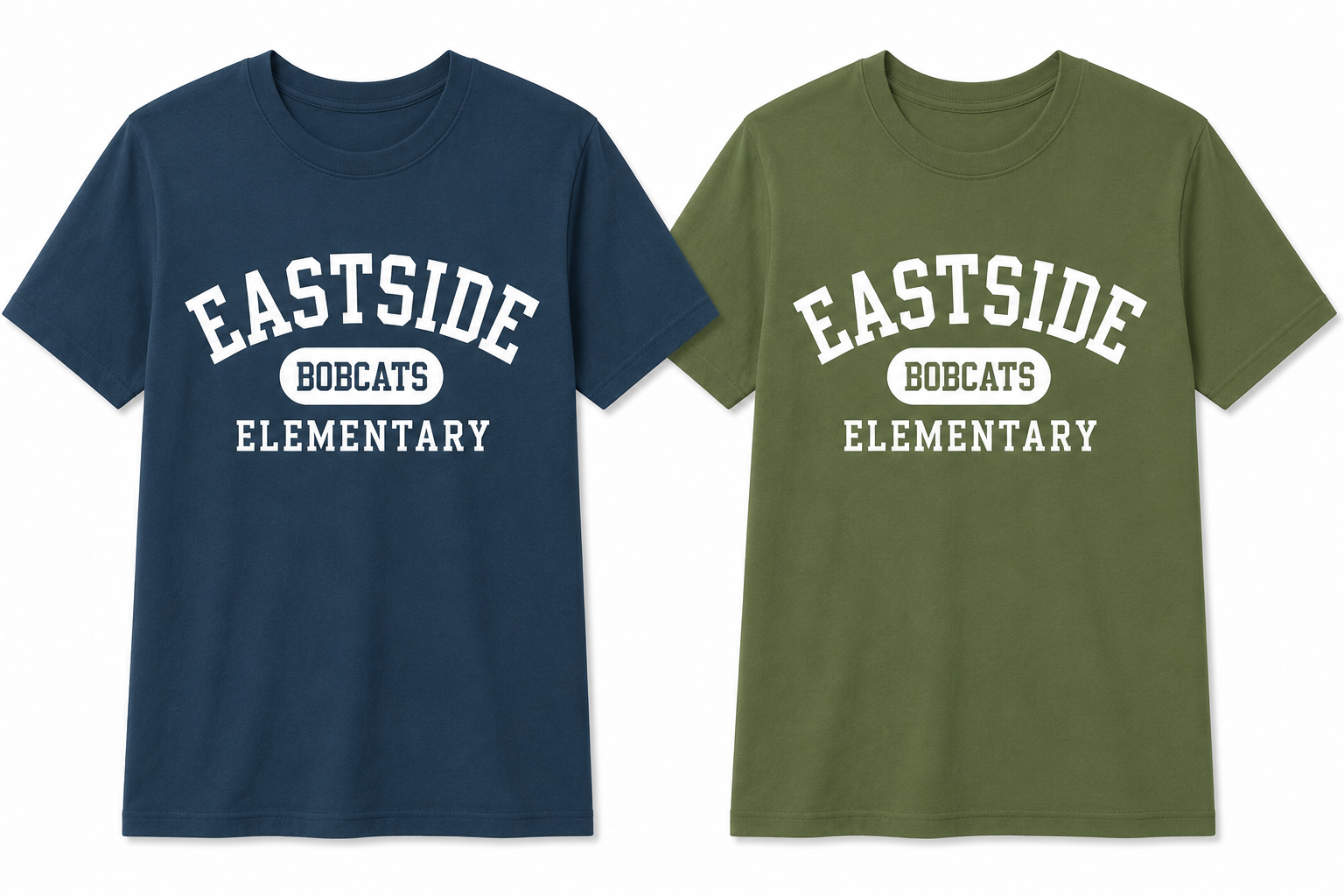 Two short-sleeve crewneck t-shirts shown side by side on a plain white background. The left shirt is navy blue with white text reading 'EASTSIDE BOBCATS ELEMENTARY'. The right shirt is military green with white text reading 'EASTSIDE BOBCATS ELEMENTARY'.