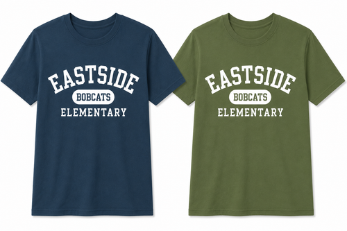 Two short-sleeve crewneck t-shirts shown side by side on a plain white background. The left shirt is navy blue with white text reading 'EASTSIDE BOBCATS ELEMENTARY'. The right shirt is military green with white text reading 'EASTSIDE BOBCATS ELEMENTARY'.